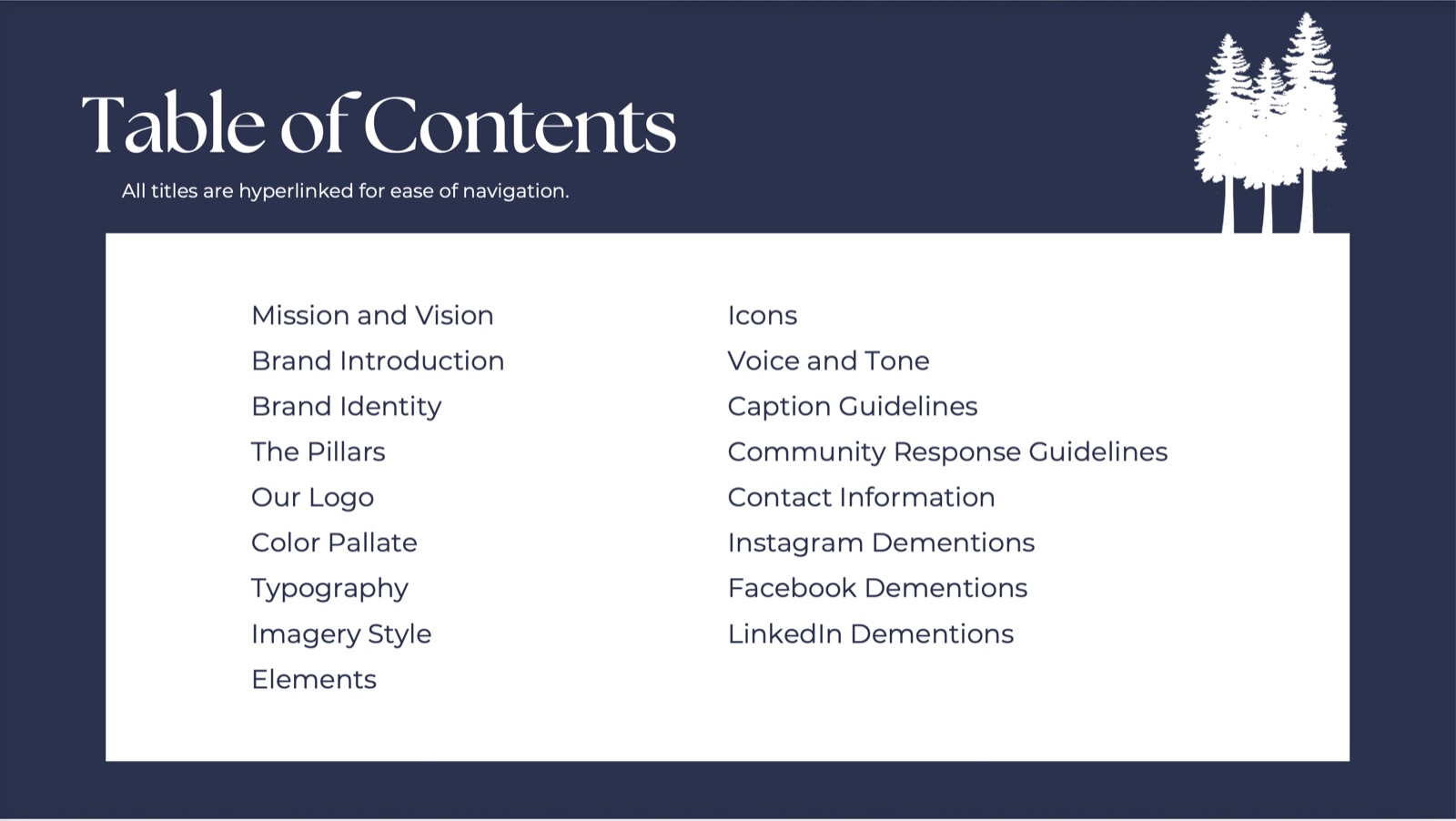 Brand guidelines table of contents