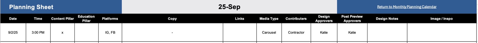 Example row from the post planning sheet