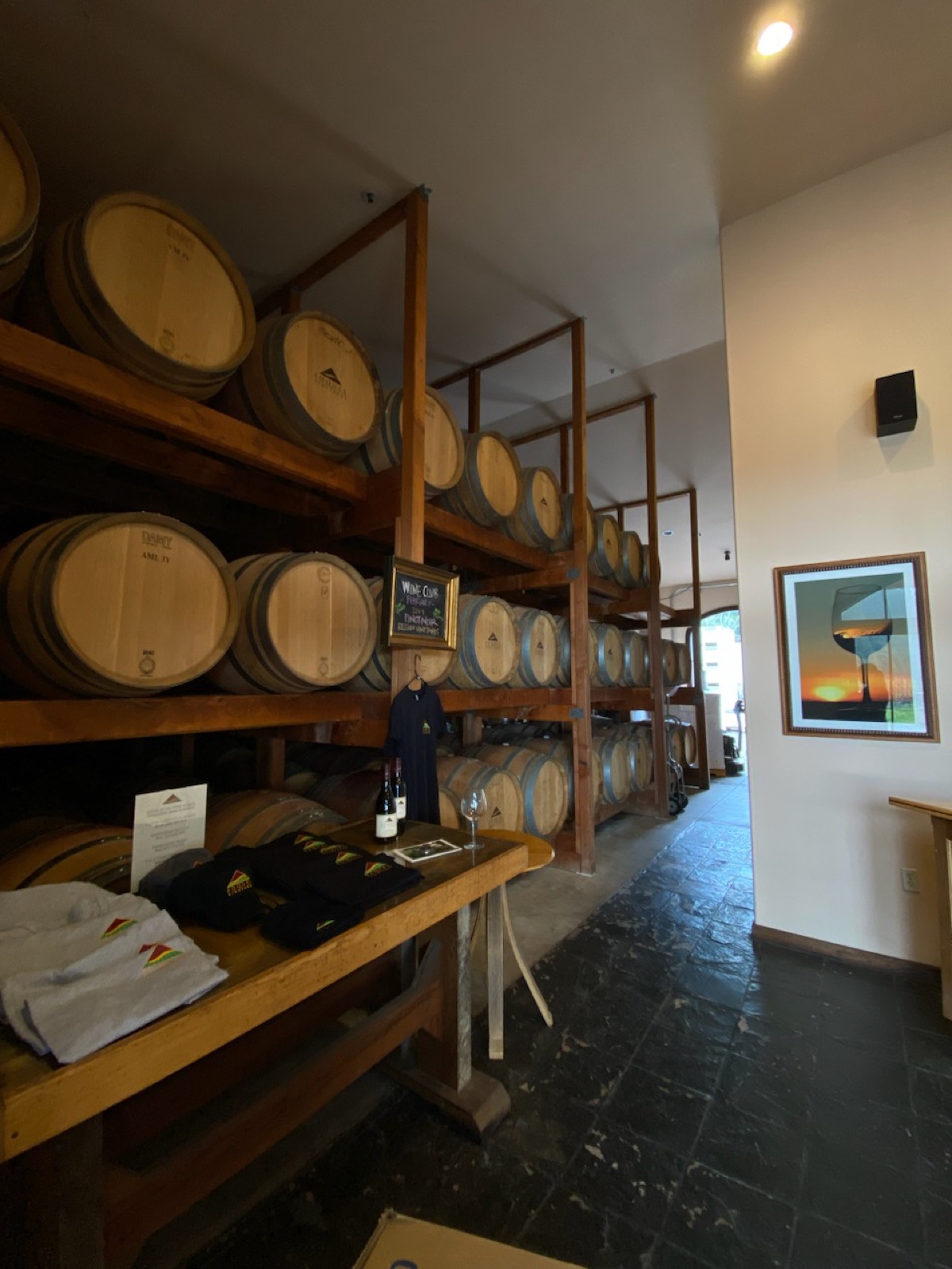 Wine barrels and merchandise in the tasting room